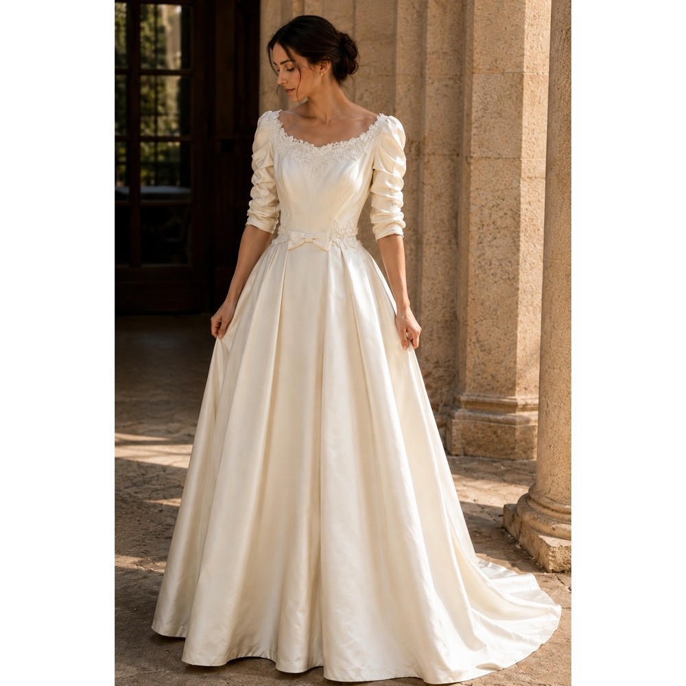 Vintage Priscilla of Boston Silk Satin Wedding Gown Lace‎ Couture Bridal XS